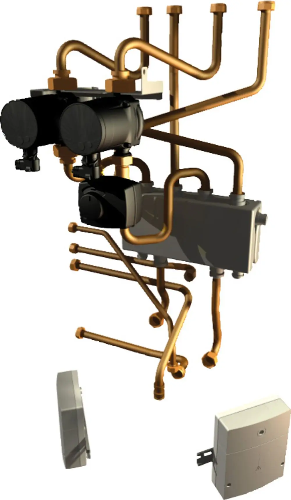 Montiertes Installationszubehör mit mehreren kupfernen Rohren und zwei schwarzen Ventilen, hergestellt von Bosch, zur hydraulischen Anbindung von Heizsystemen.